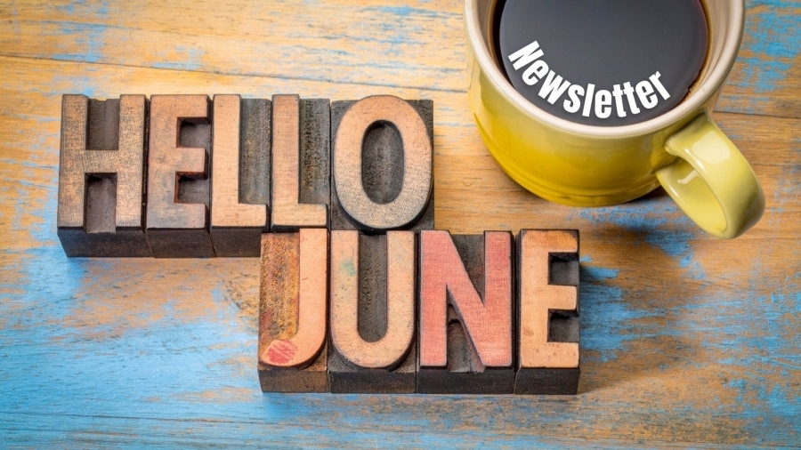 "Hello June" as wood carvings and "Newsletter" in coffee